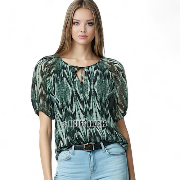 Vince Camuto Abstract Print Puff Short Sleeve Top in Rich Black & Green Size XS - Picture 2 of 11